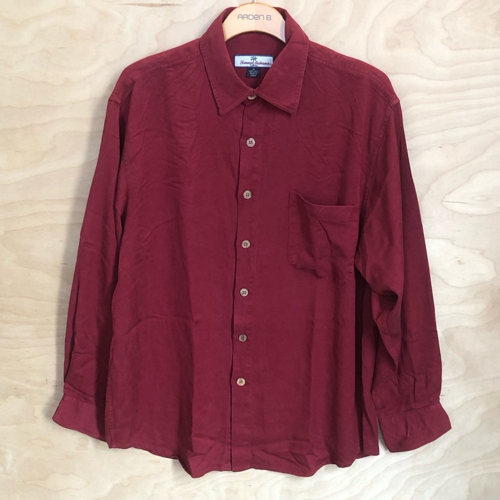 Tommy Bahama Burgundy Silk Button-Up Shirt Chest Pocket Mens Sz L.